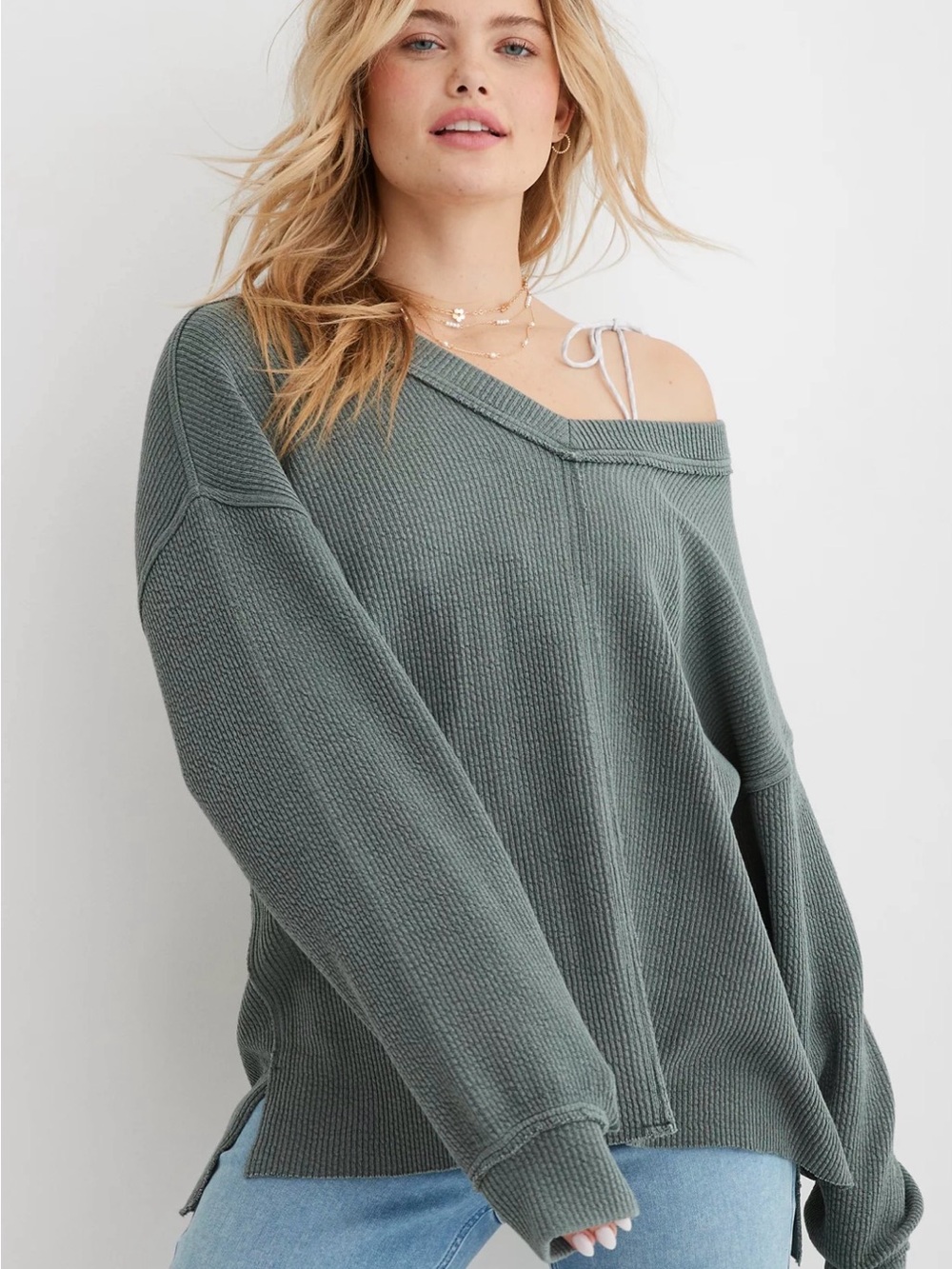 aerie Aerie Wonder Textured V Neck Sweatshirt Oversized Waffle Knit Size XS